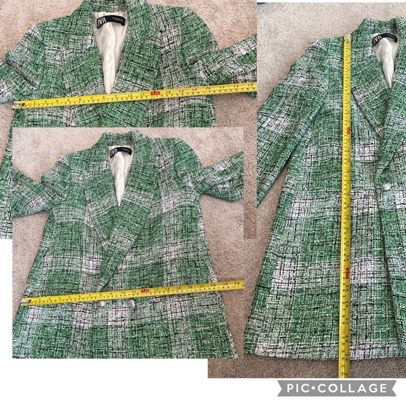 Zara Green white Plaid Tweed Double-Breasted Blazer jacket Sz XS - Picture 9 of 11